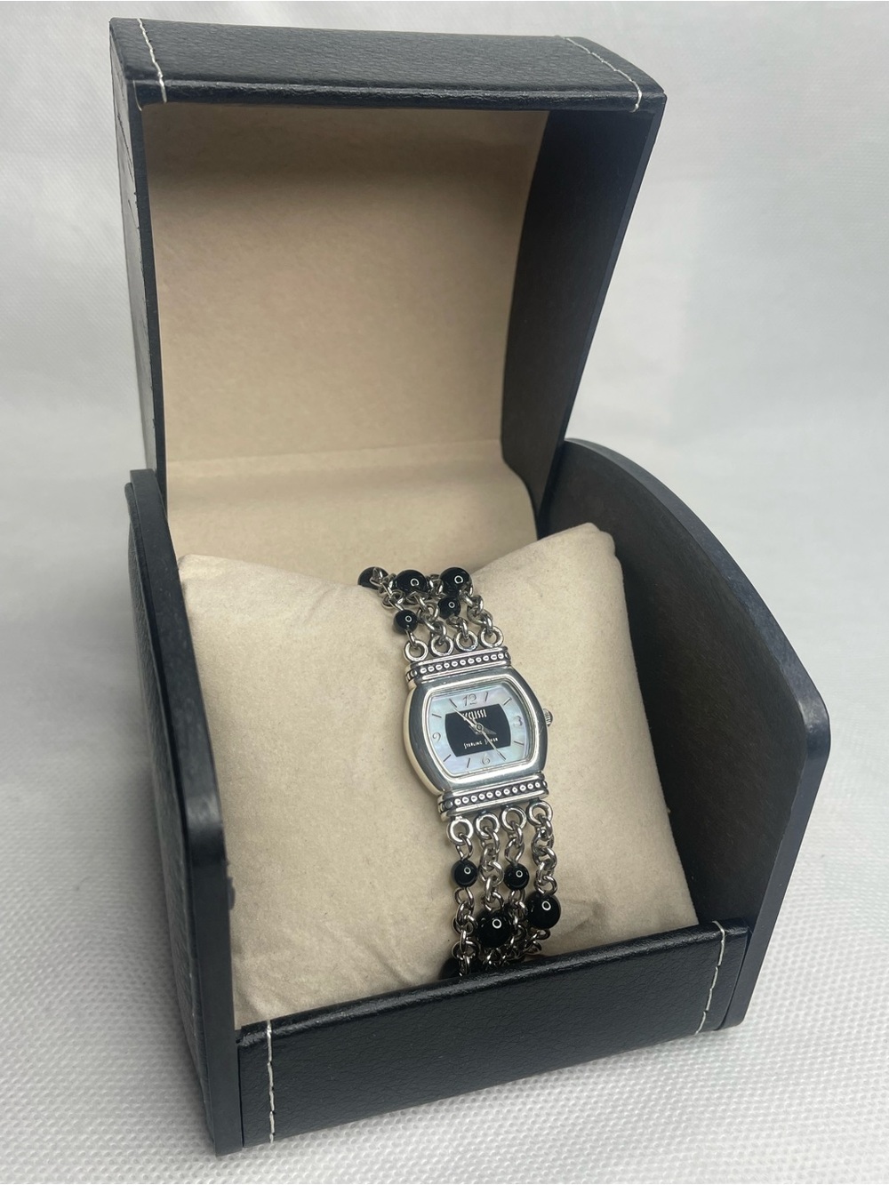Vintage Ecclissi 925 Sterling Silver Mother Of Pearl & Onyx Beaded Woman’s Watch